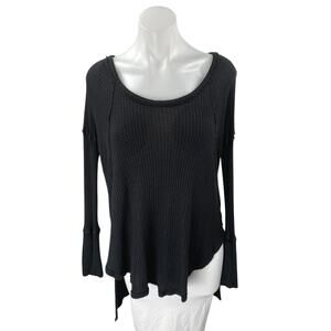 Free People Black Long Sleeve Waffle Knit Thermal Scoop Neck Sweater Top Size M